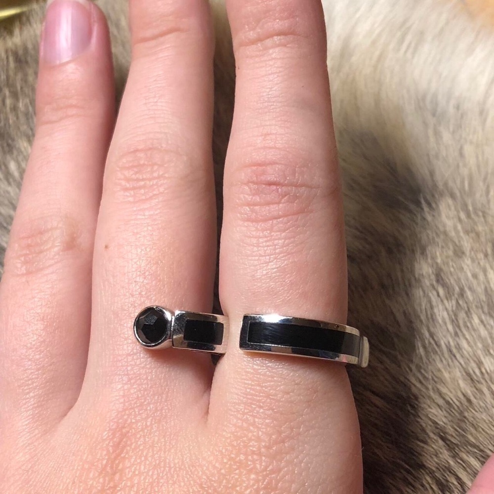 Modernist sterling silver black enamel and black onyx ring